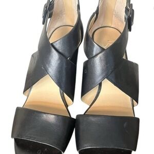 Franco Sarto Black Hazelle Block Heel open toe shoe. Leather upper rubber bottom